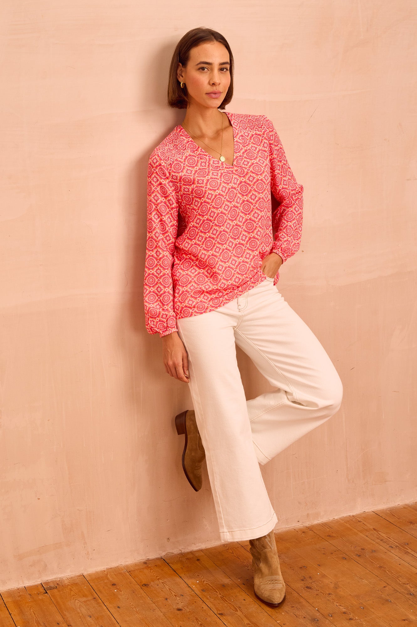 Clea Blouse | Flower Tile Orange/Pink - Image 2