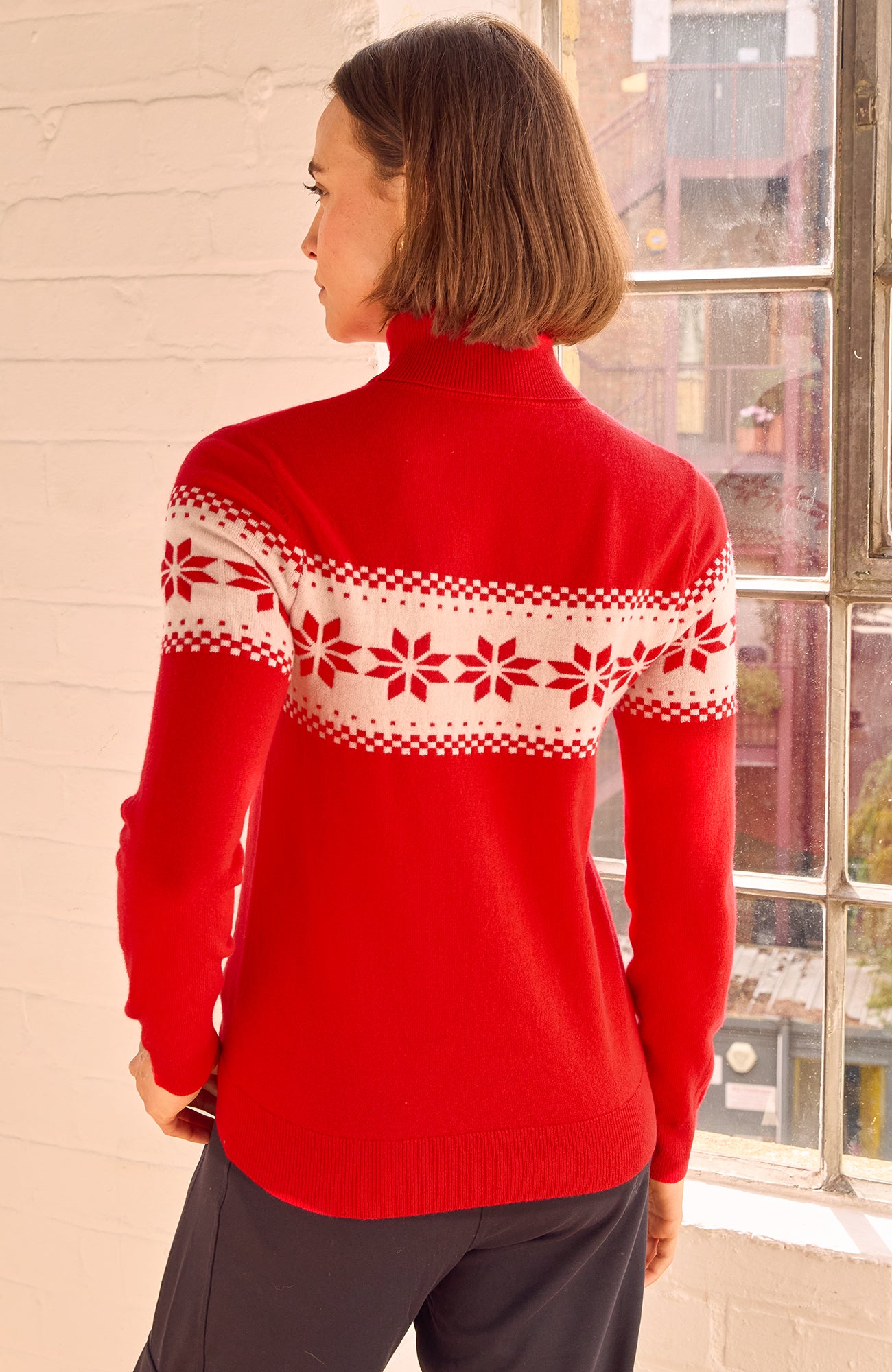Merino Wool Snowflake Fairisle Polo Neck Jumper | Red/Cream - Image 5