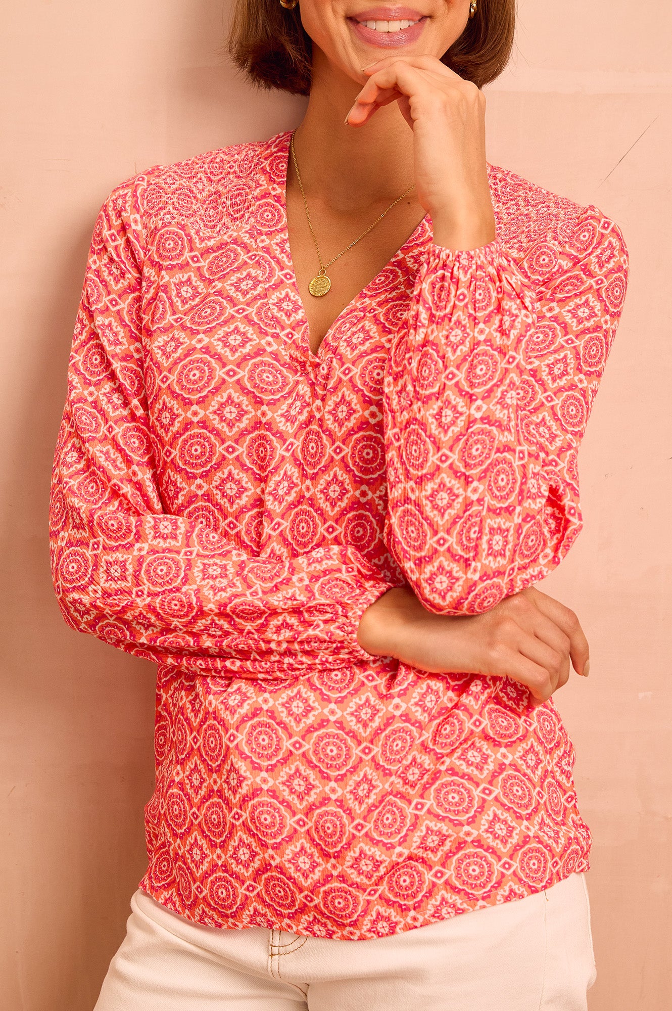 Clea Blouse | Flower Tile Orange/Pink - Image 3