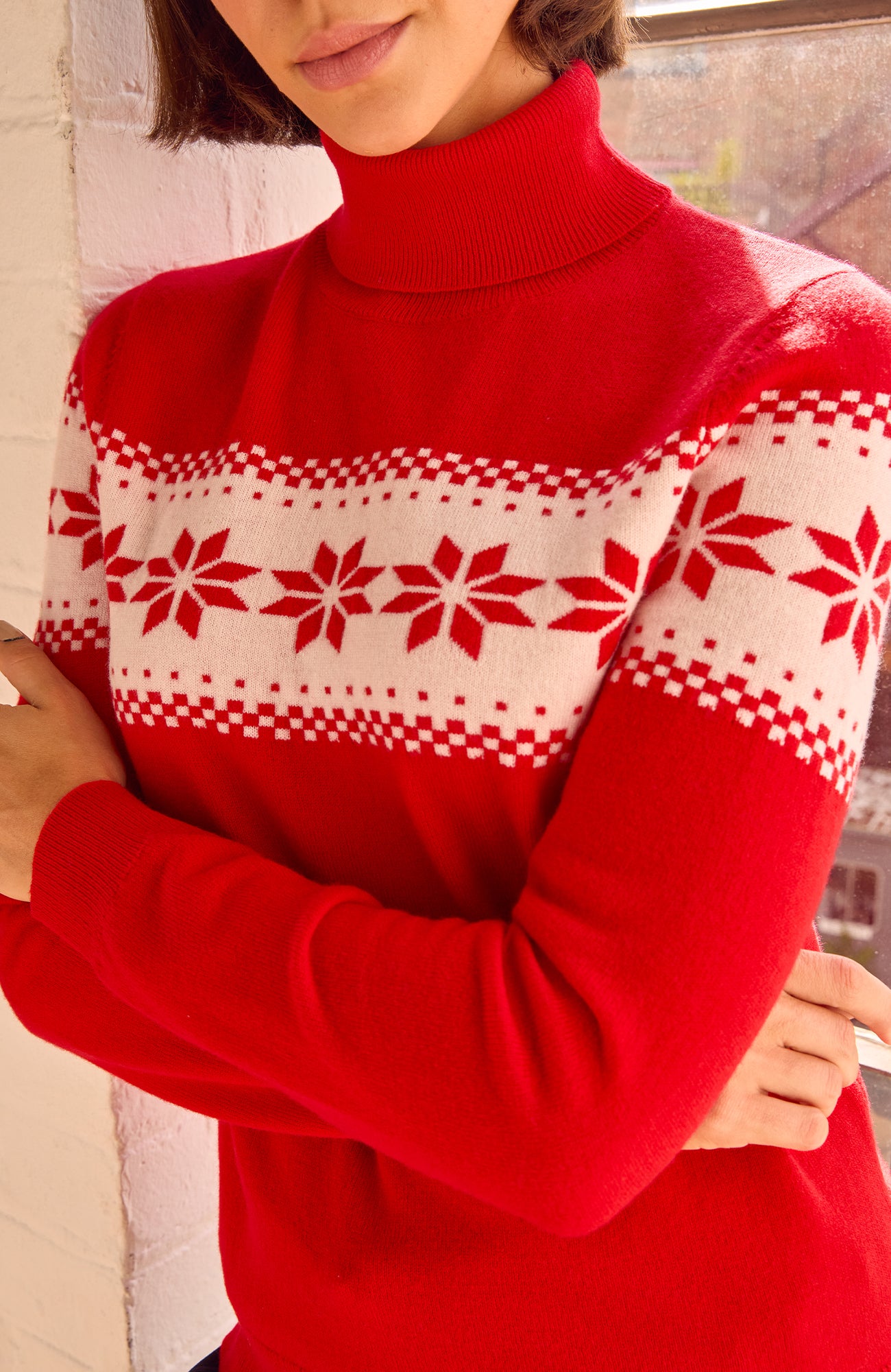 Merino Wool Snowflake Fairisle Polo Neck Jumper | Red/Cream - Image 2