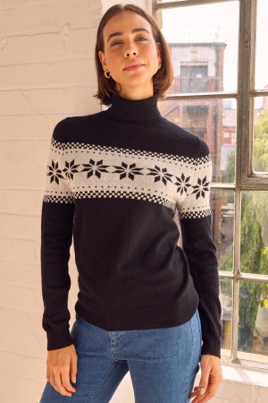 Merino Wool Snowflake Fairisle Polo Neck Jumper | Black/Cream
