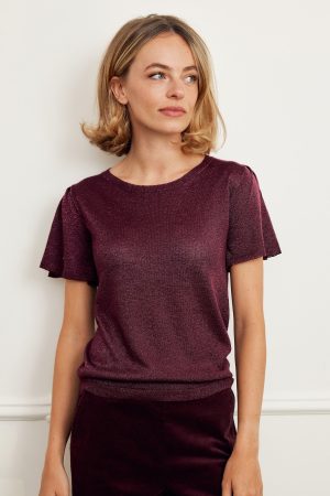 Metallic Knit Angel Sleeve T-Shirt | Burgundy