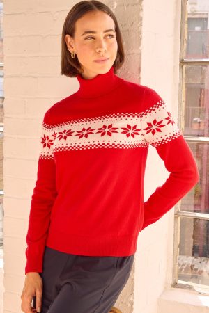 Merino Wool Snowflake Fairisle Polo Neck Jumper | Red/Cream