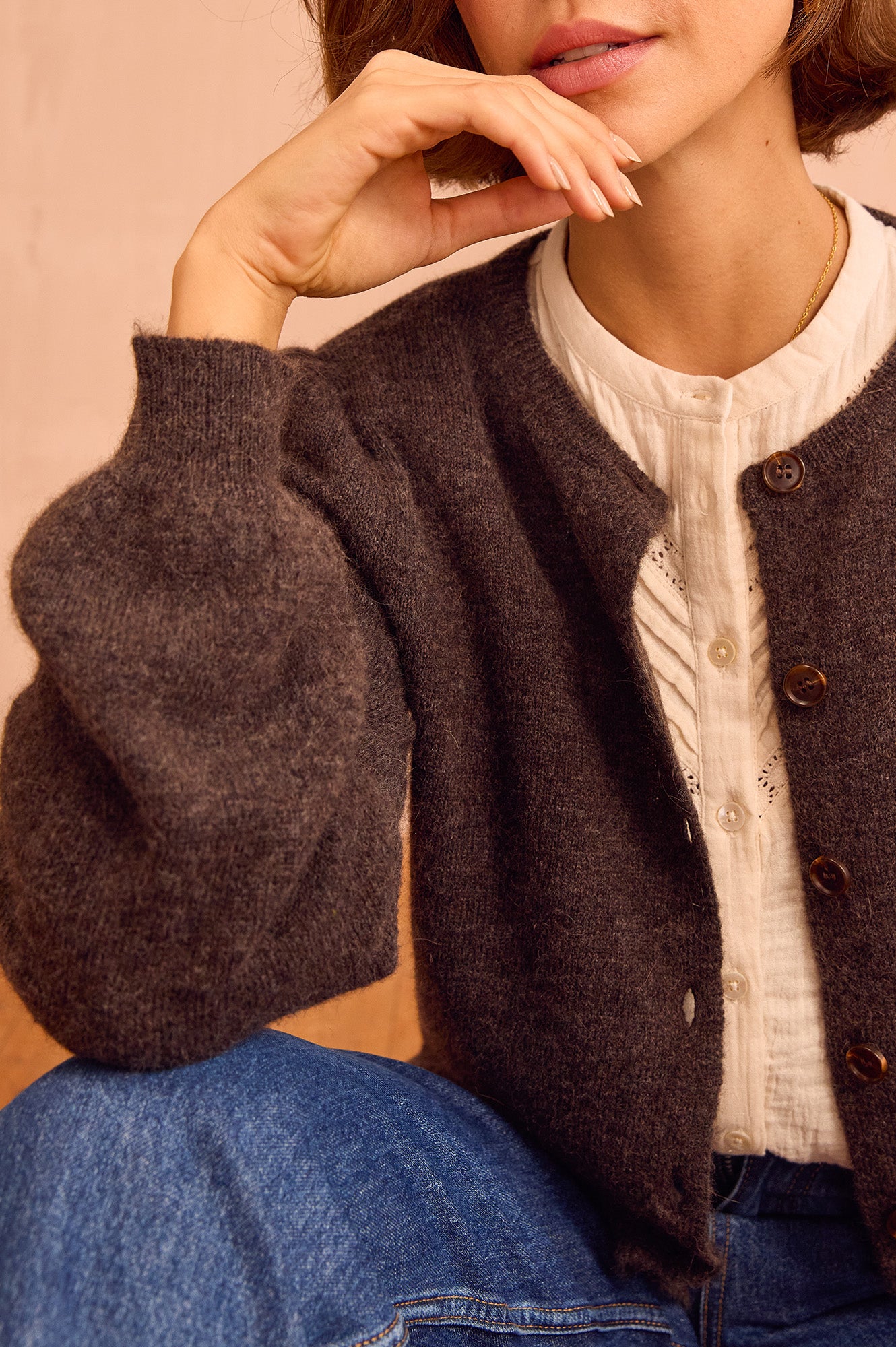 Alpaca Blend Puff Sleeve Cardigan | Chocolate - Image 4