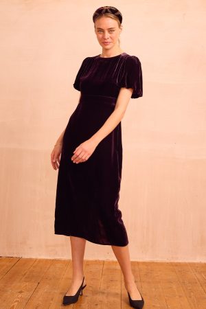 Dulcie Velvet Puff Sleeve Dress | Aubergine