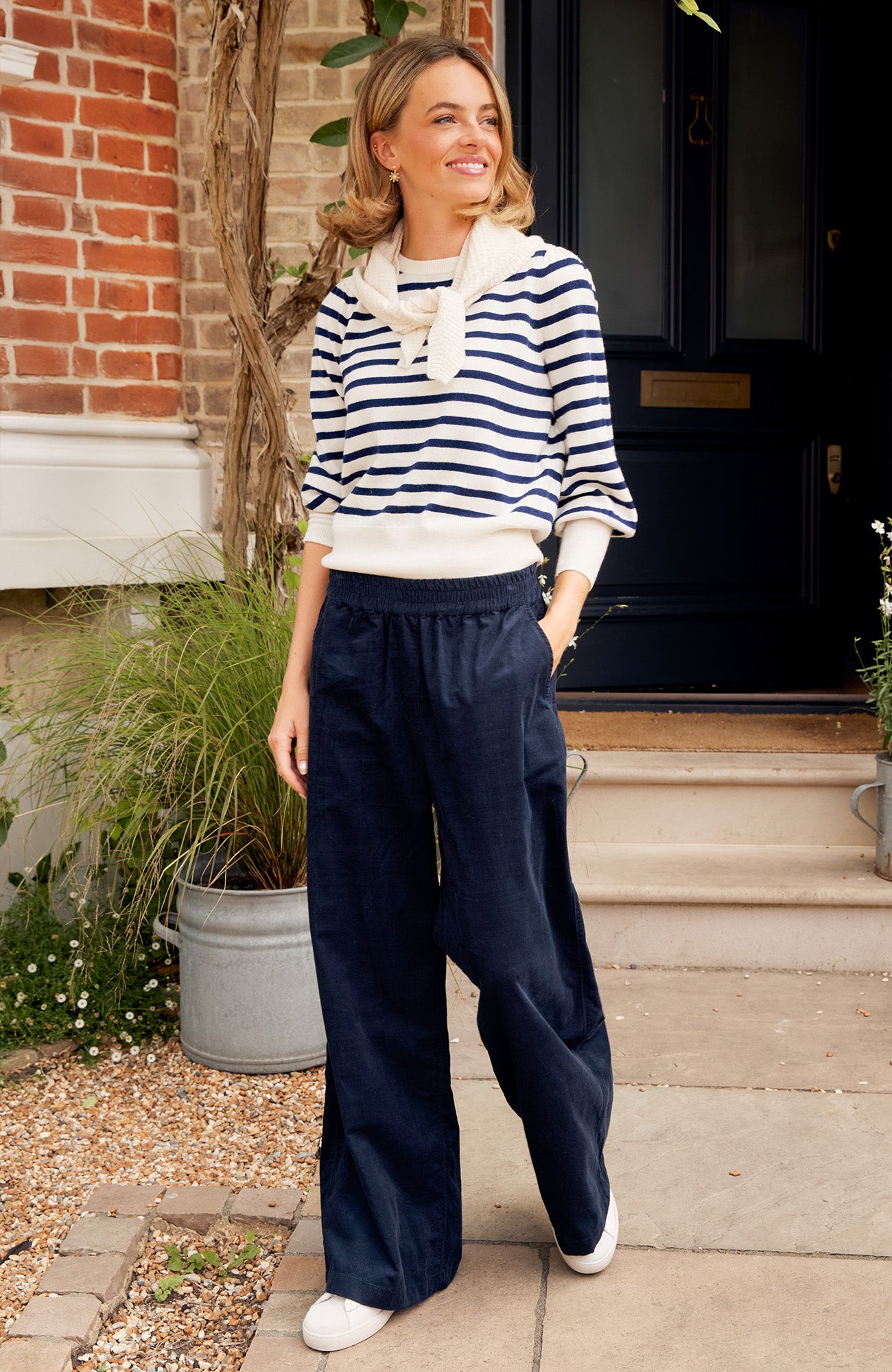 Merino Wool Striped Crew Neck Jumper | Cream/Navy - Image 2