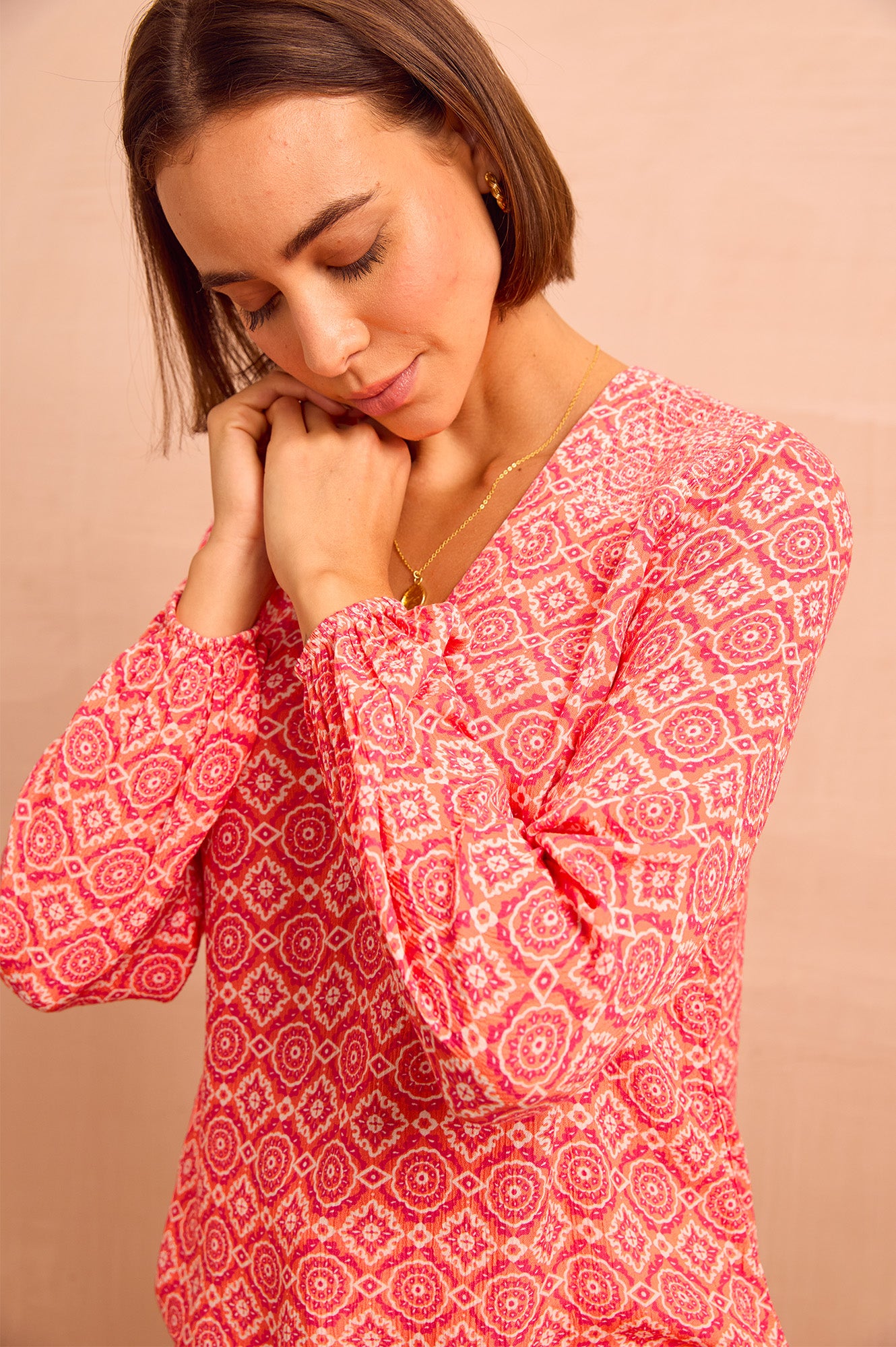 Clea Blouse | Flower Tile Orange/Pink - Image 4