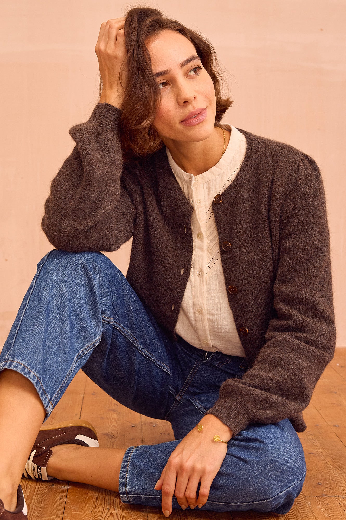 Alpaca Blend Puff Sleeve Cardigan | Chocolate - Image 6