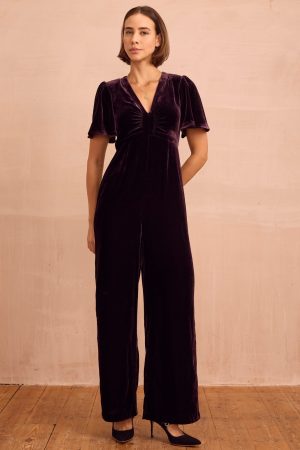 Anais Velvet V-Neck Jumpsuit | Aubergine