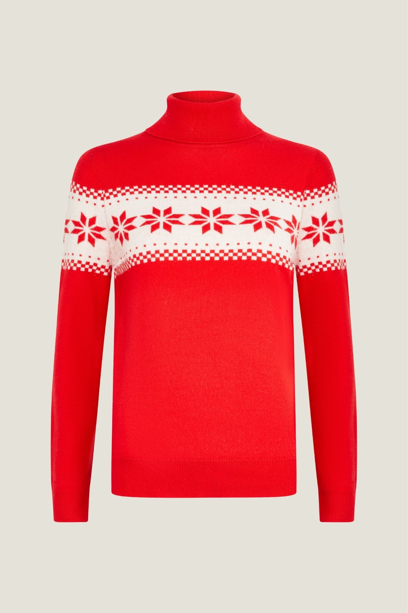 Merino Wool Snowflake Fairisle Polo Neck Jumper | Red/Cream - Image 6