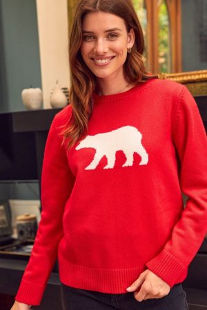 Merino Wool Polar Bear Jumper | Red/Cream