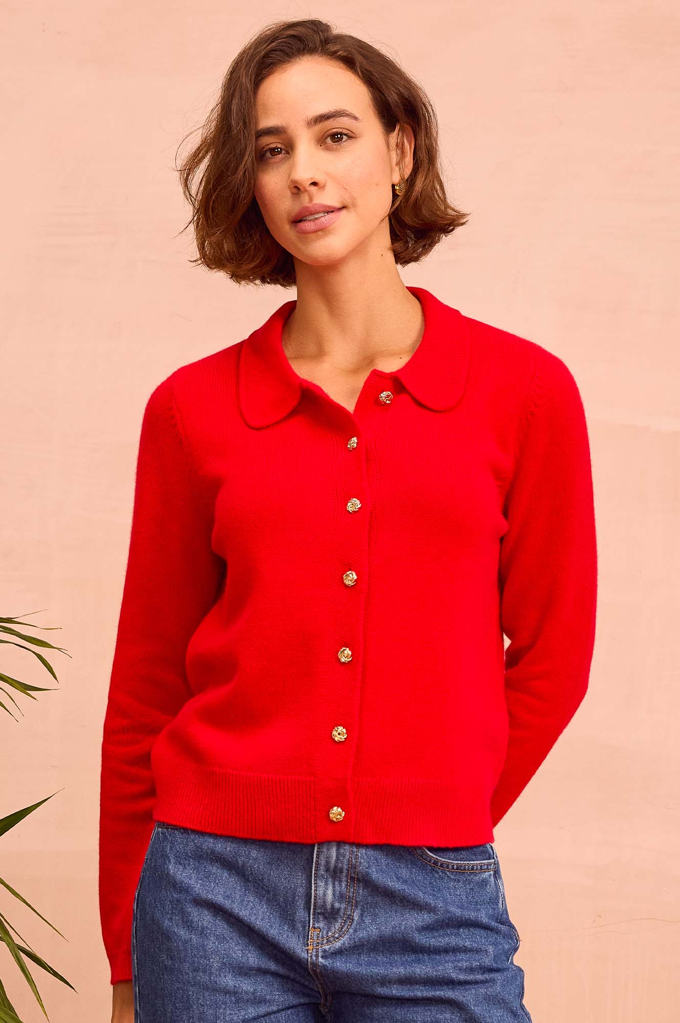 Cashmere Blend Collared Cardigan | Red