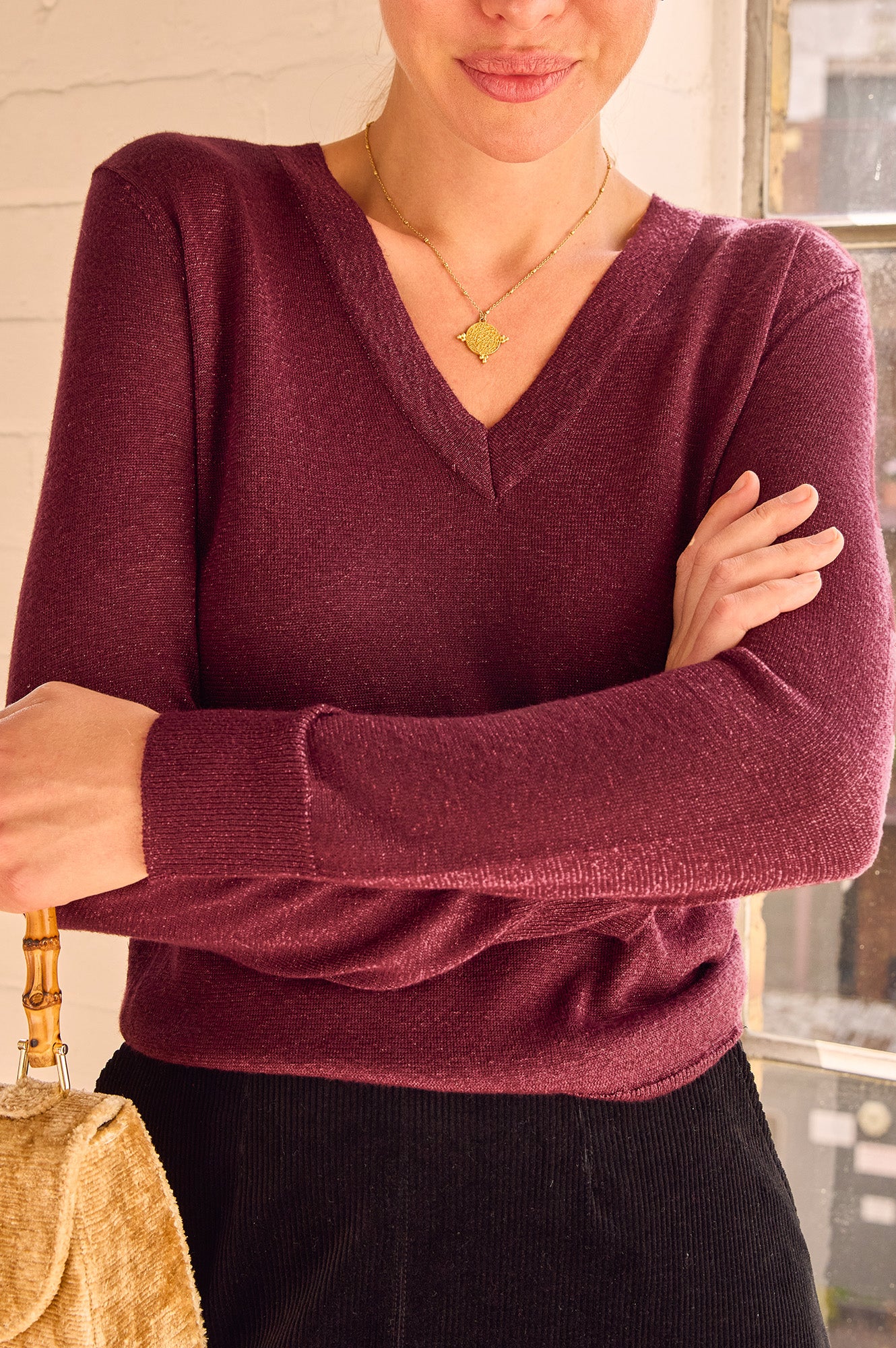 Metallic Knit V-Neck Jumper | Burgundy - Image 2