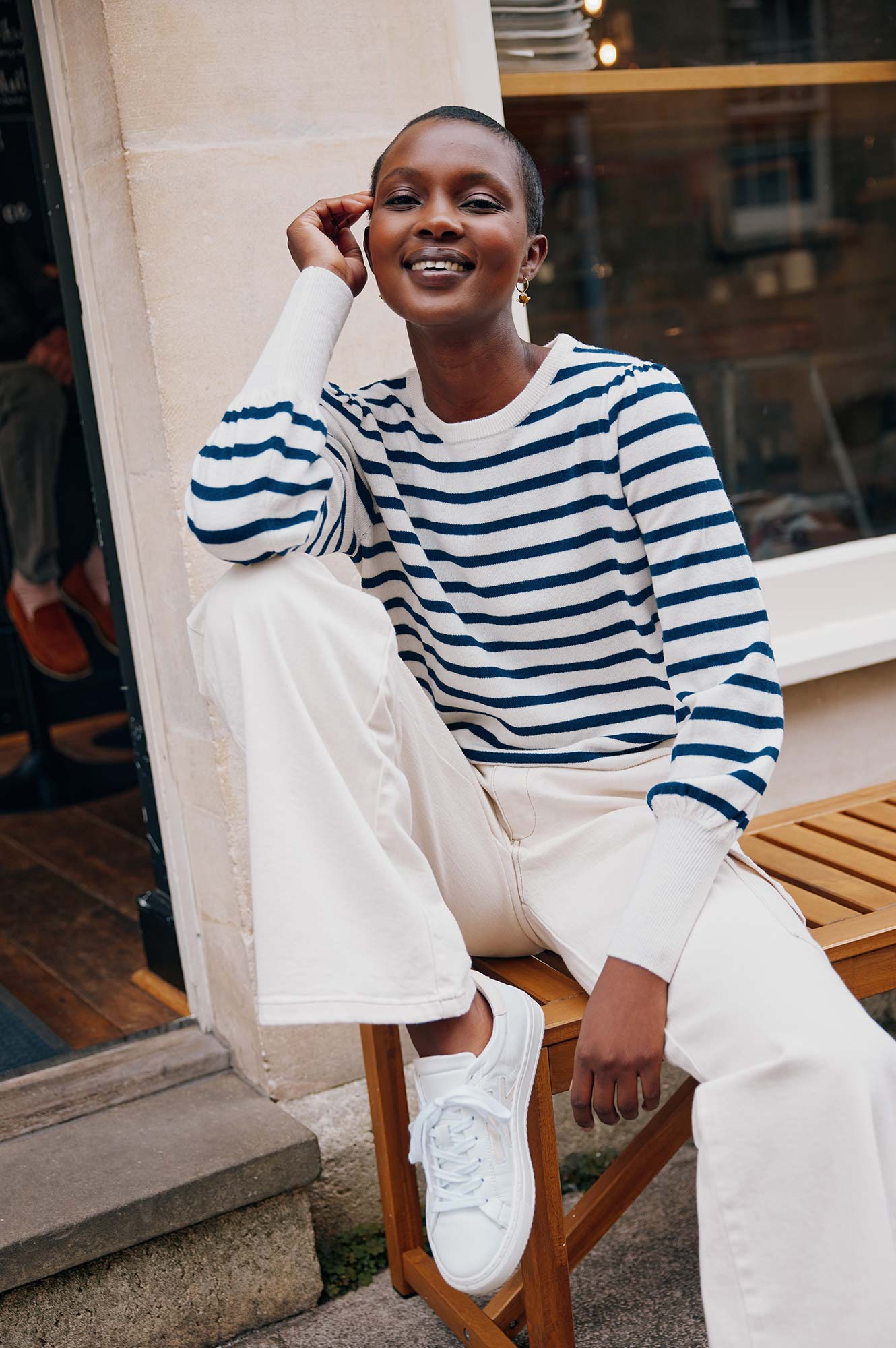 Merino Wool Striped Crew Neck Jumper | Cream/Navy - Image 5