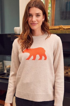Merino Wool Polar Bear Jumper | Oat/Orange