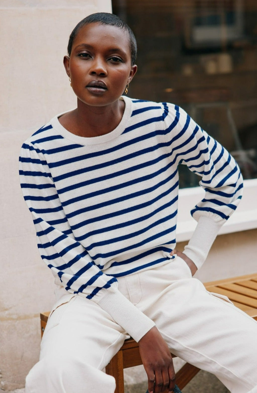 Merino Wool Striped Crew Neck Jumper | Cream/Navy - Image 4