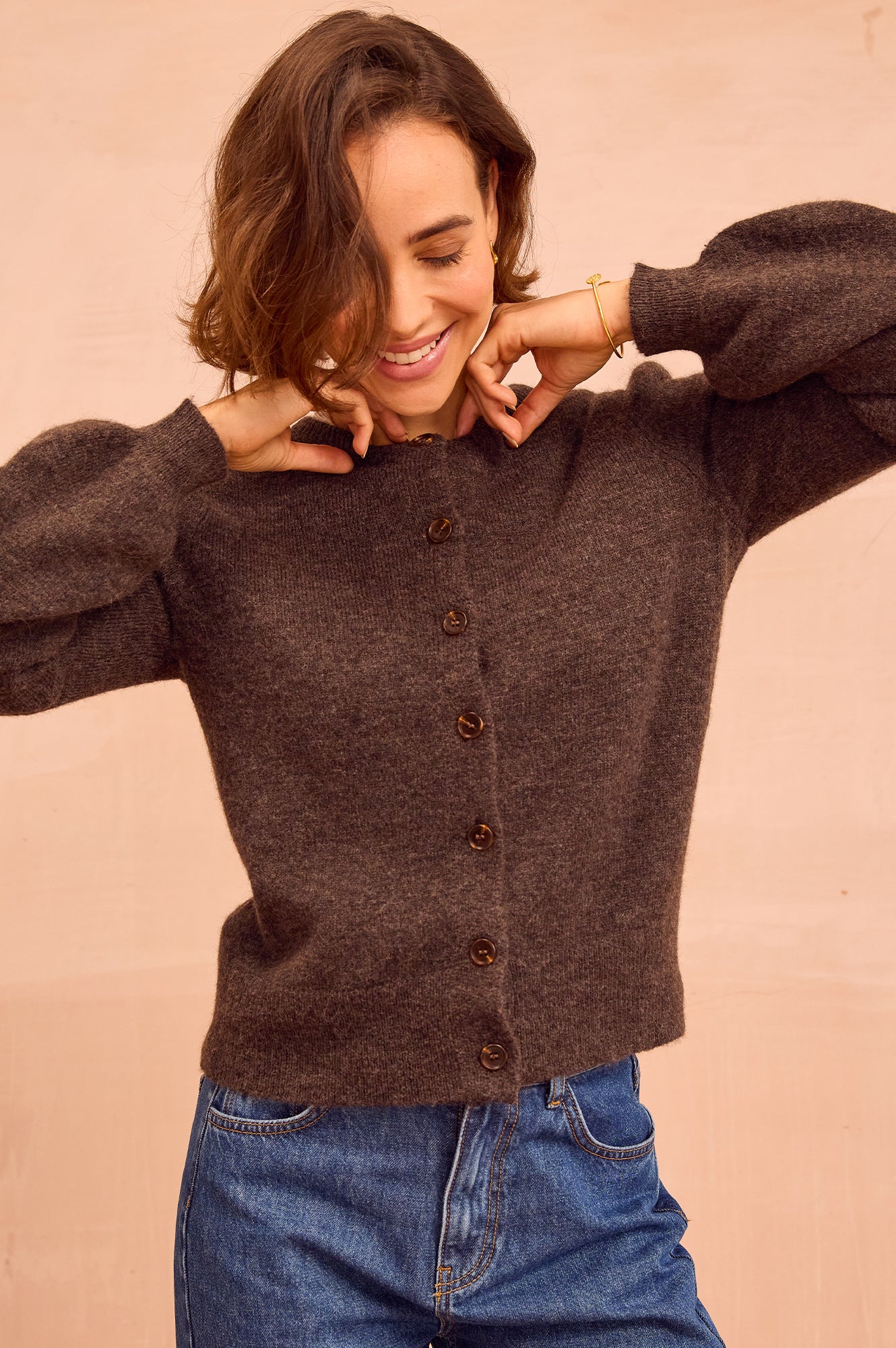 Alpaca Blend Puff Sleeve Cardigan | Chocolate - Image 5