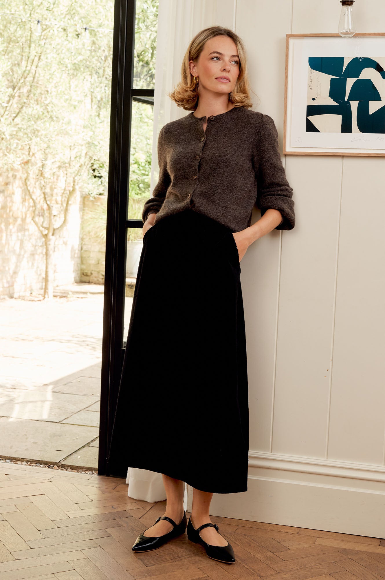 Alpaca Blend Puff Sleeve Cardigan | Chocolate - Image 2