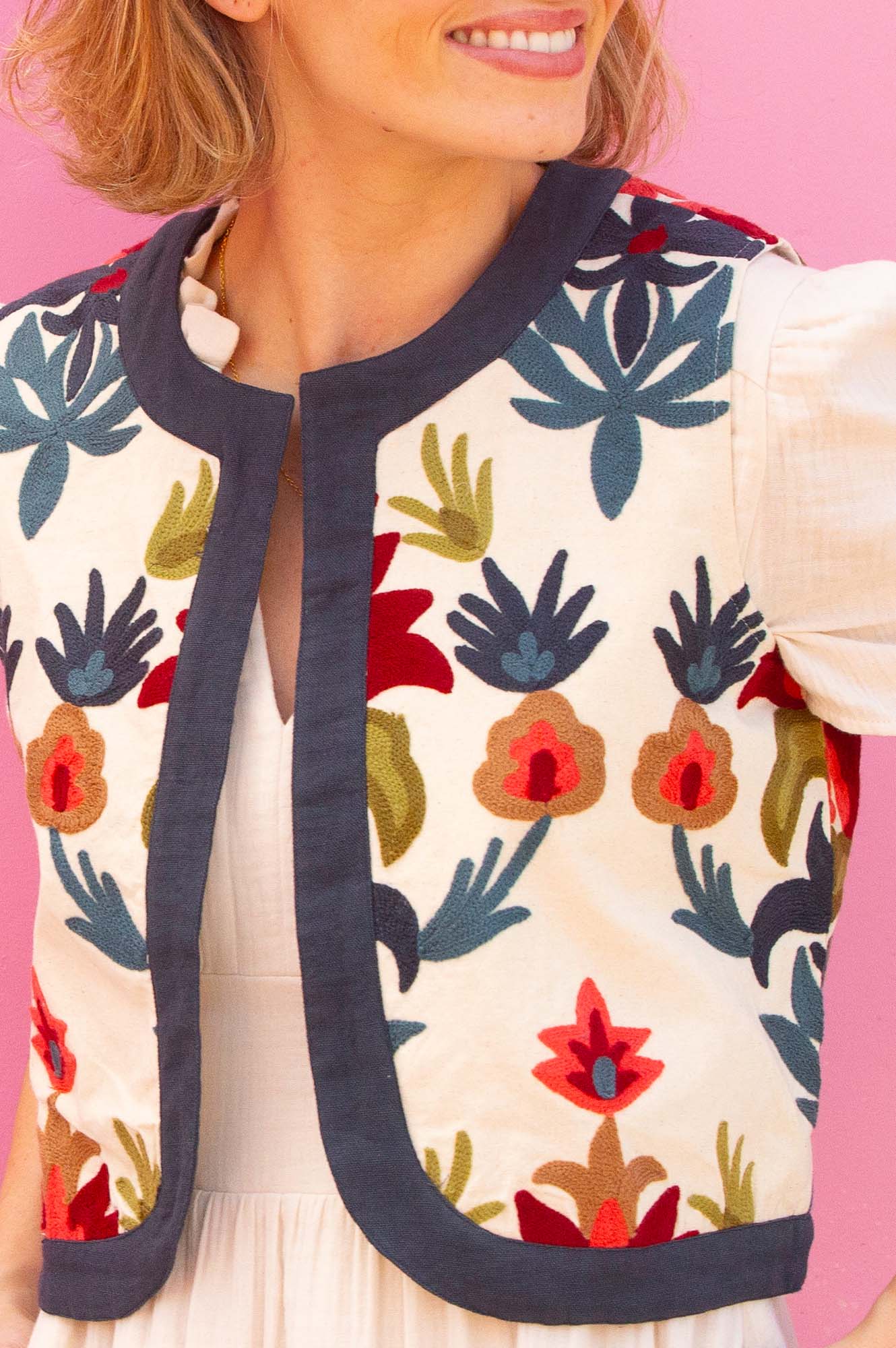 Pia Embroidered Gilet | Ecru/Multi - Image 2